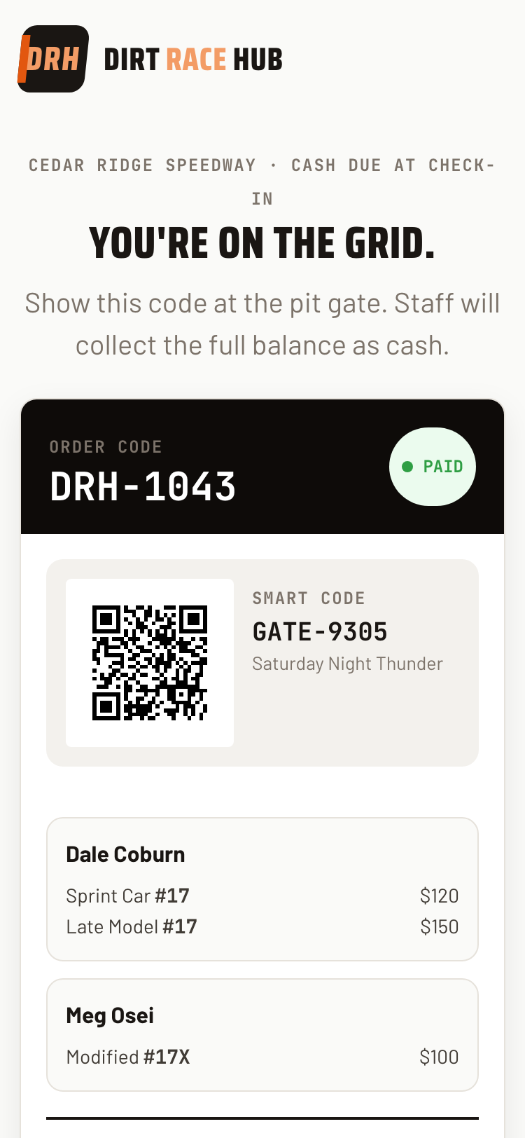 Dirt Race Hub confirmation page with a QR code for gate check-in and a paid order summary for two drivers totaling $370