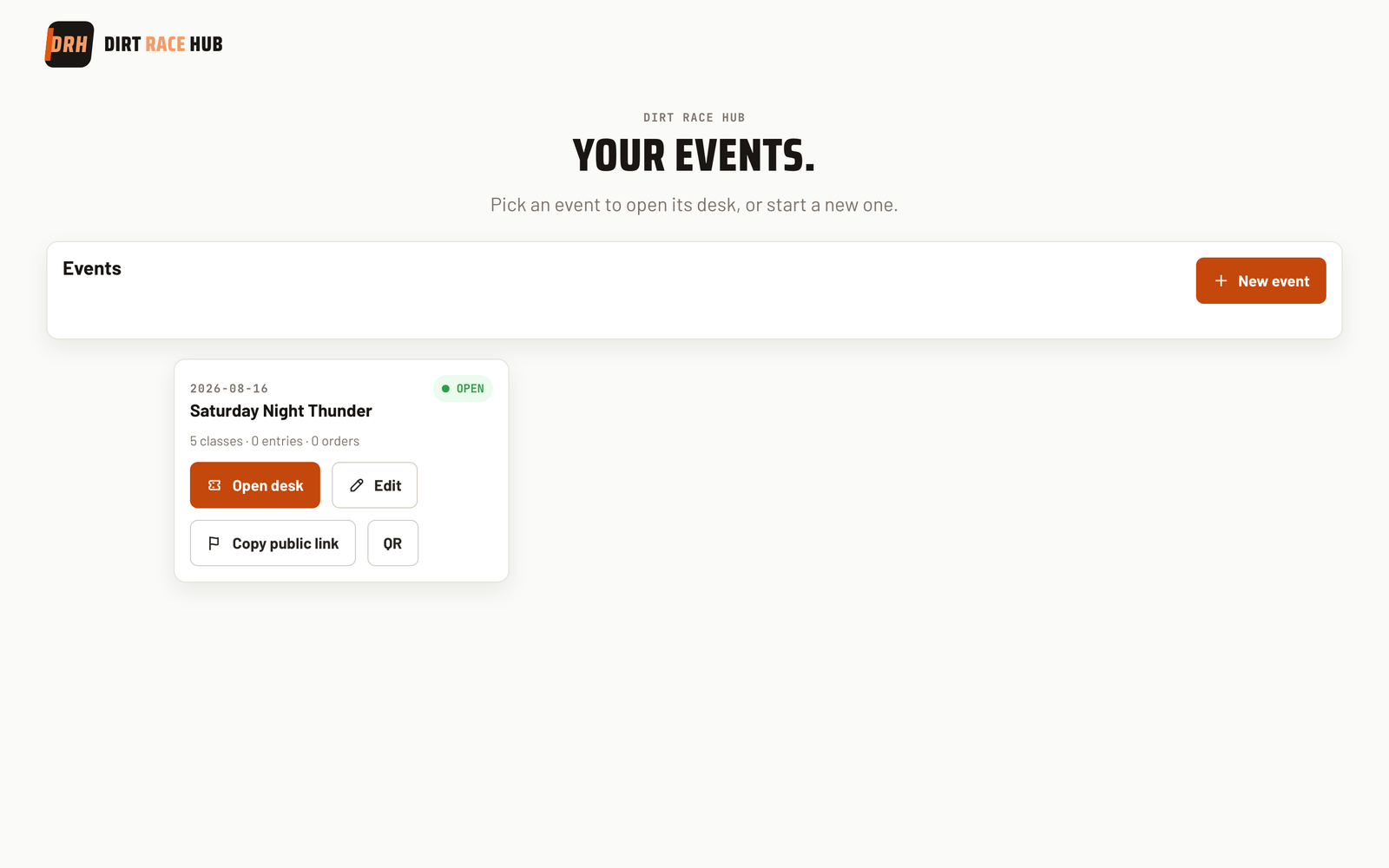 Dirt Race Hub events dashboard listing Saturday Night Thunder at Cedar Ridge Speedway with open-desk, edit, and public-link actions