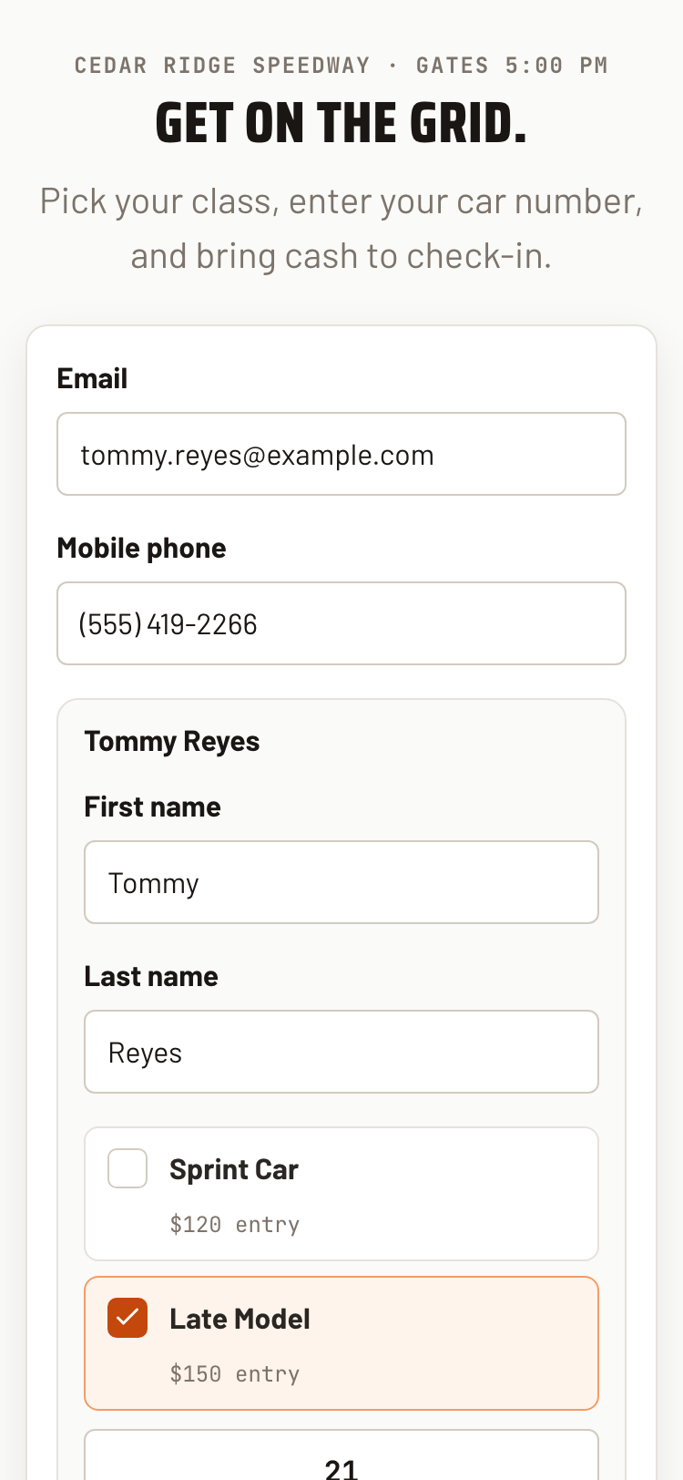Dirt Race Hub public registration page on a phone, showing a driver with the Late Model class selected and a sticky total bar reading $150 due
